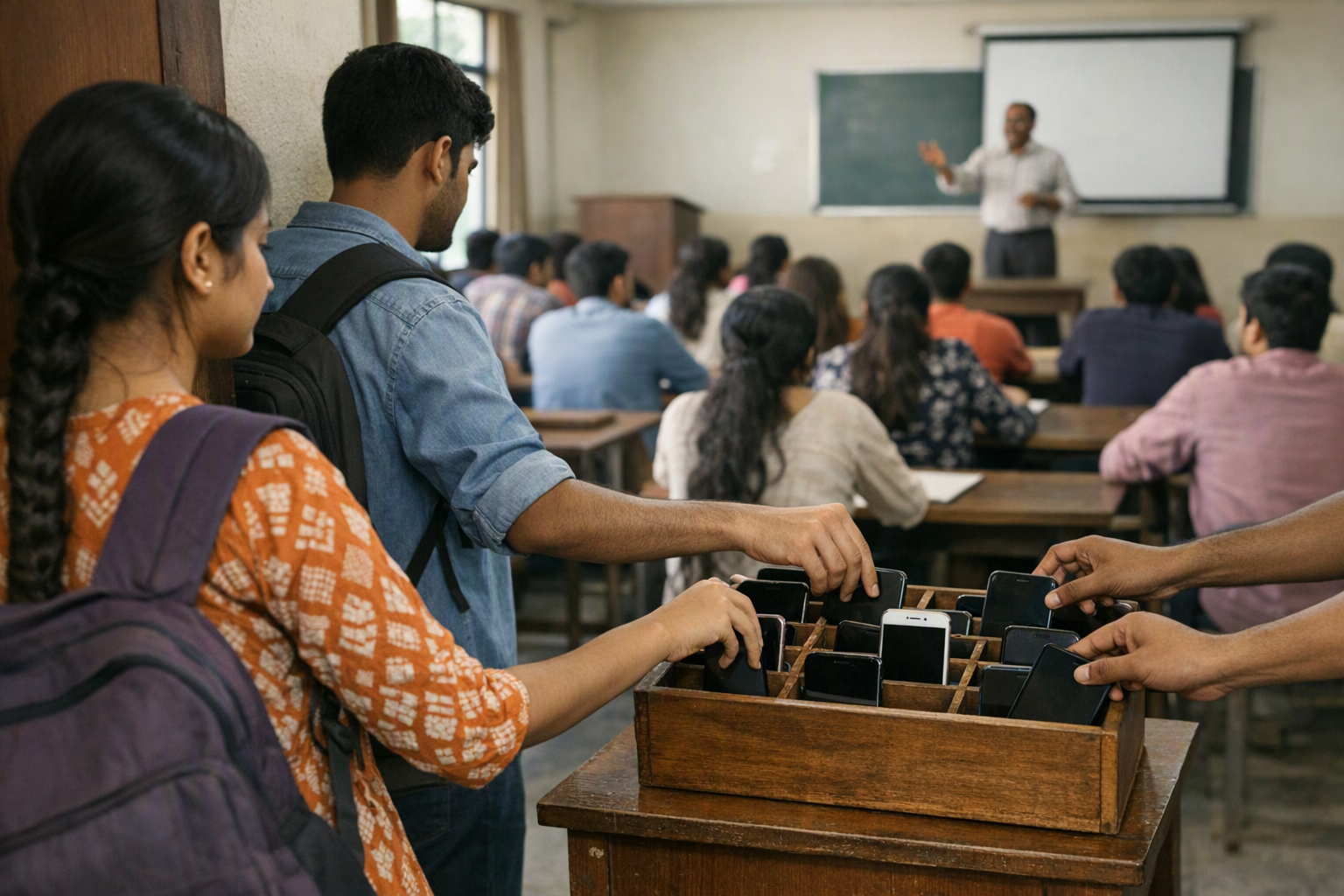 Students in a college classroom place their phones into a wooden storage box near the door while a teacher leads class at the front.