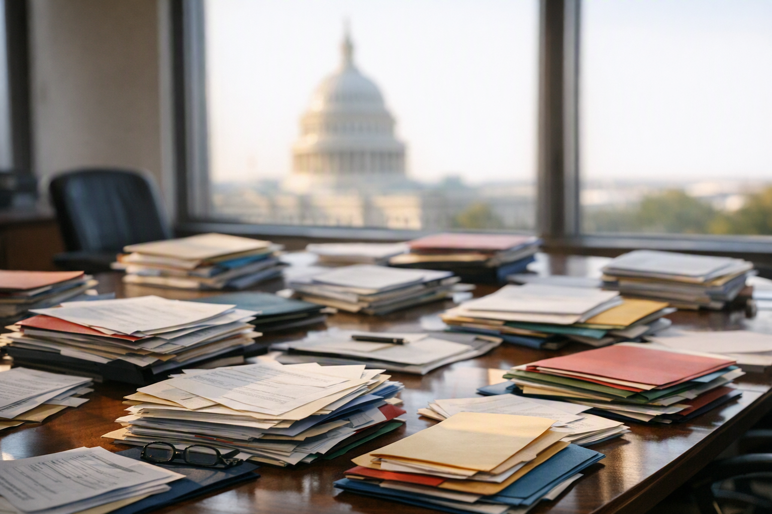 Paper files and folders on a conference table in a federal office, with the Capitol blurred through a window behind them.