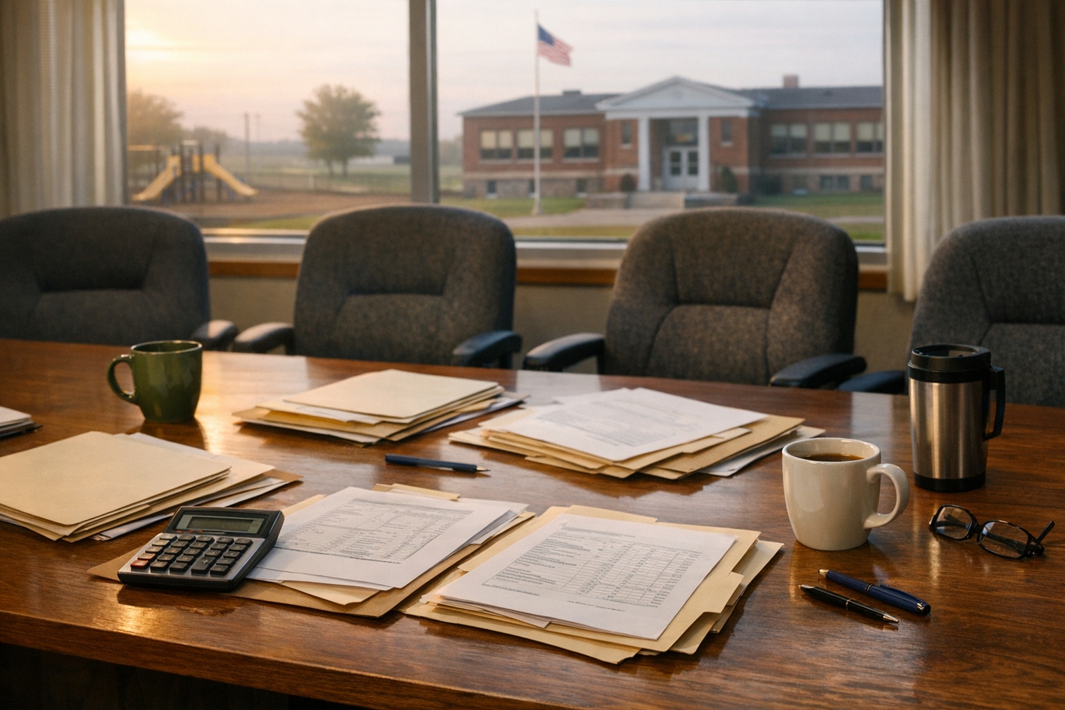 A school district office conference table with folders, papers, a calculator and coffee mugs, with a school building visible through the window.