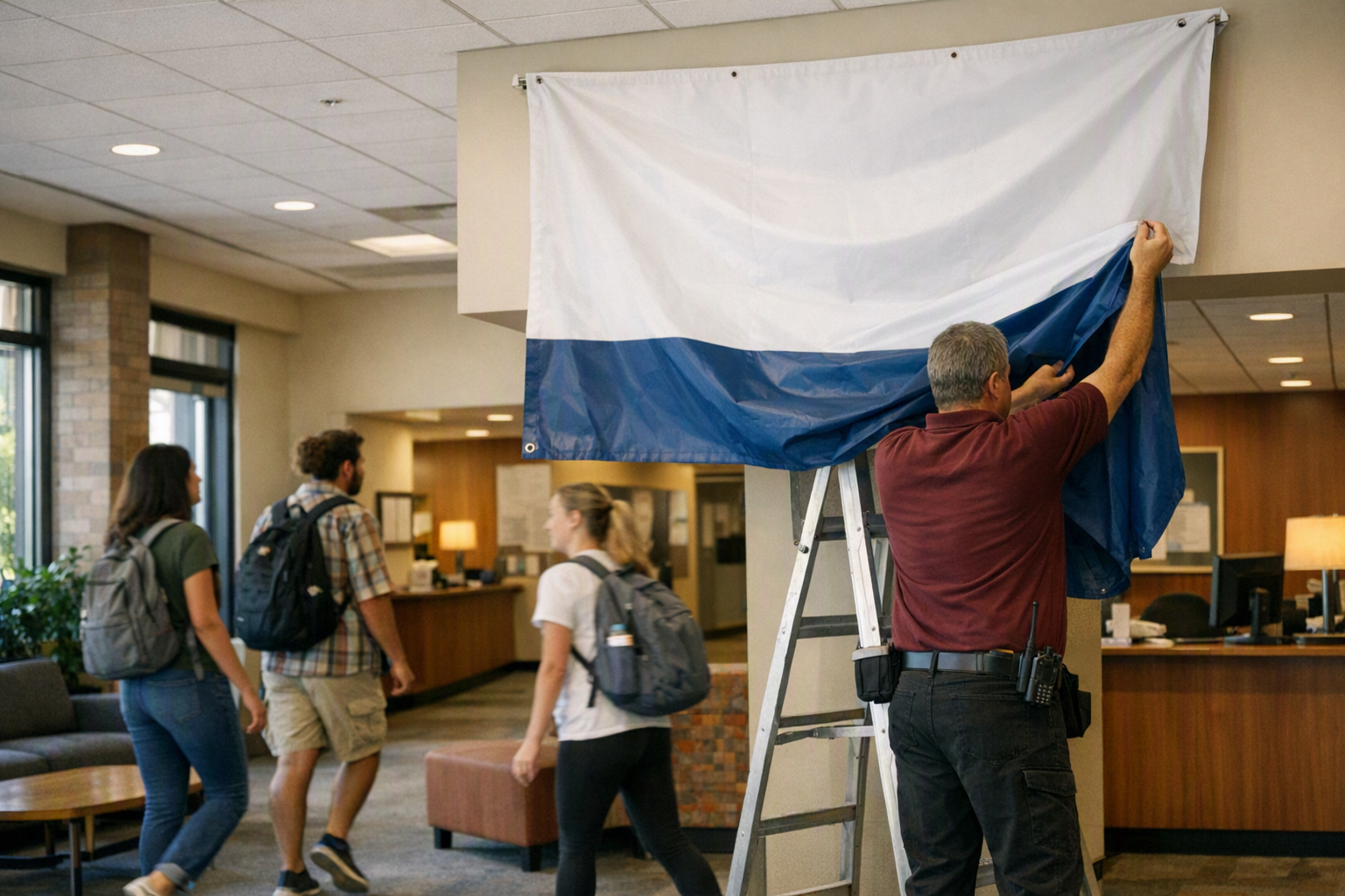 A staff member removes a large banner in a university housing lobby while students walk by in the background.