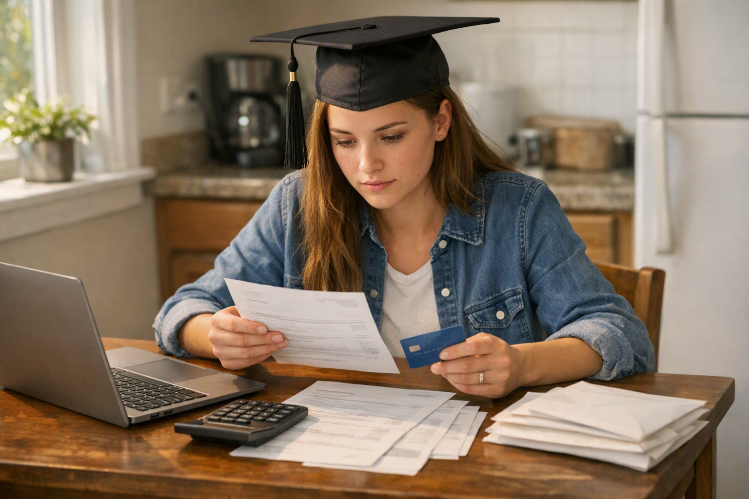 A recent college graduate sits at a kitchen table with a laptop, calculator, bank card, and envelopes while reviewing monthly bills.
