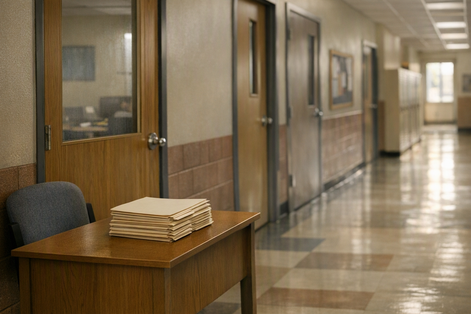 A quiet middle school hallway with classroom doors and a desk holding a stack of plain student folders.