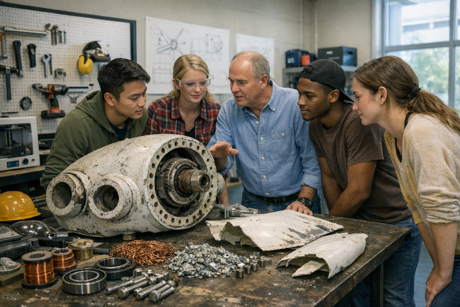 College students and a faculty advisor stand around a lab workbench studying a large retired mechanical component and bins of reclaimed materials.