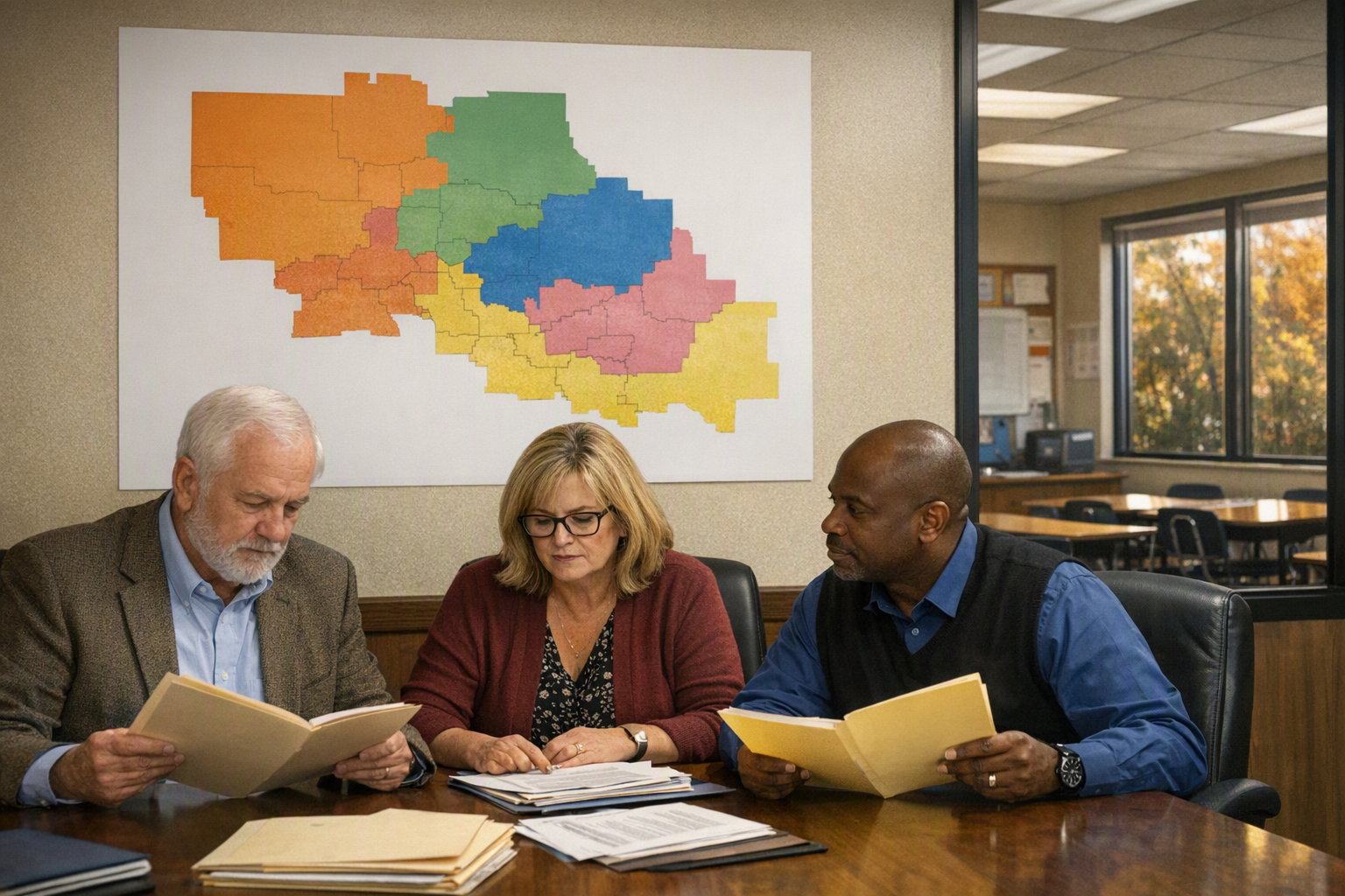 Three school district administrators review folders at a conference table while looking at an unlabeled wall map, with an empty classroom visible through a glass window behind them.