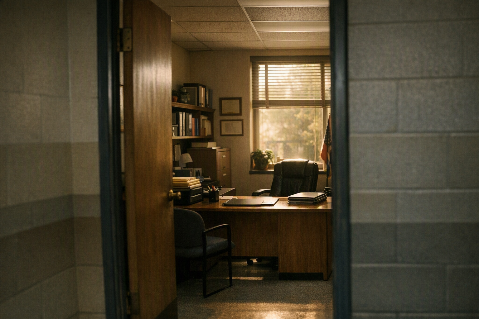 An empty school office viewed from a hallway, with a desk, chair, and folders in soft afternoon light.