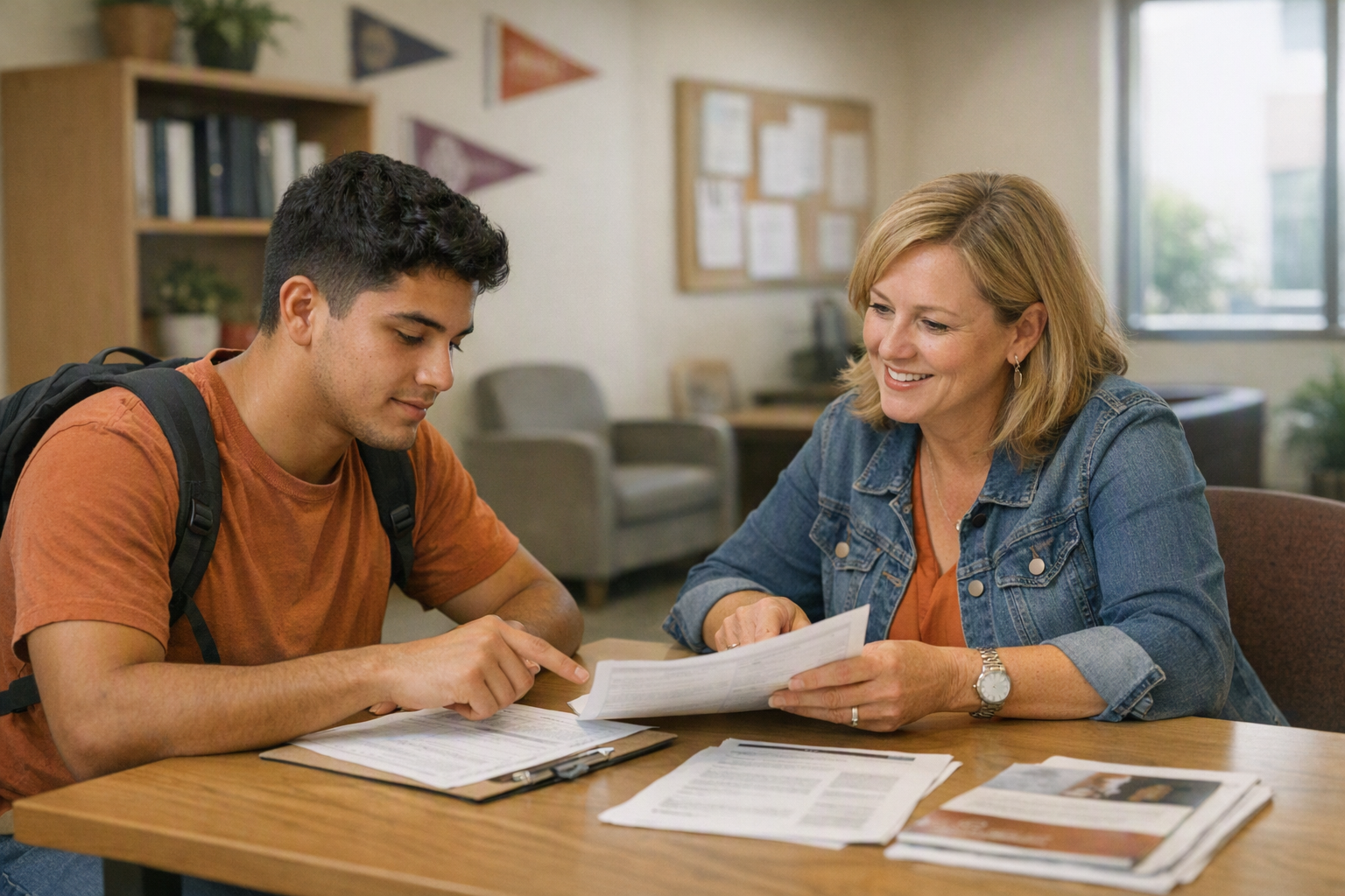 A student and a college adviser sit across a desk in a campus office, reviewing paper documents in a quiet hallway setting.