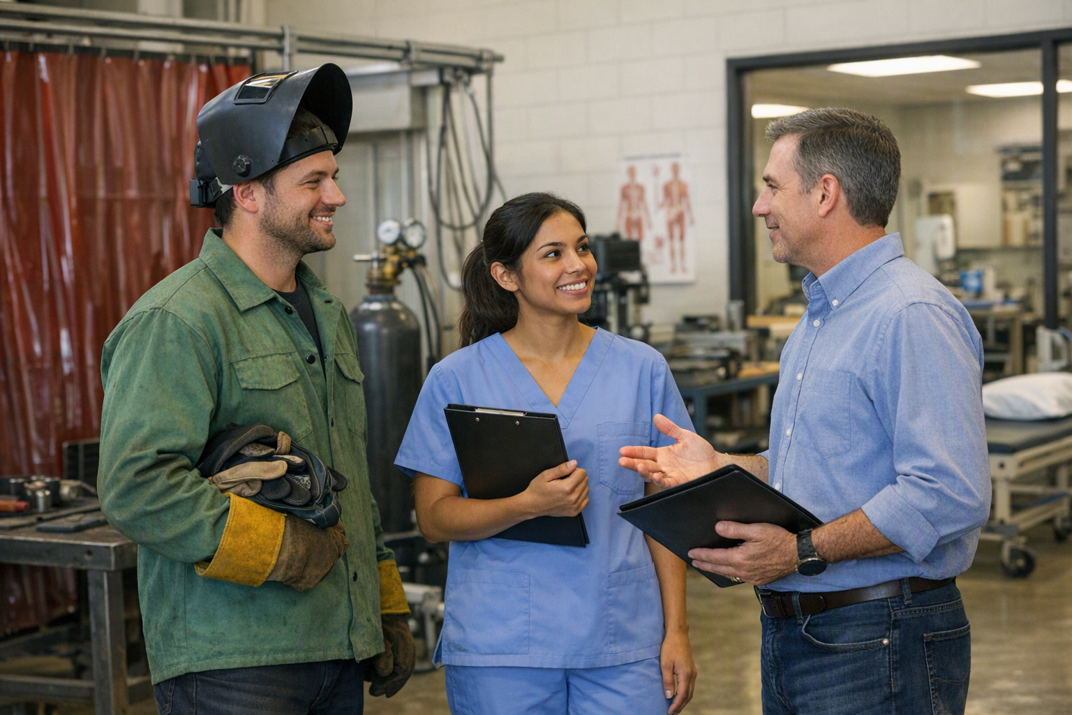 An advisor meets with two adult students, one in welding gear and one in healthcare scrubs, inside a community college technical training center with workshop and lab equipment nearby.
