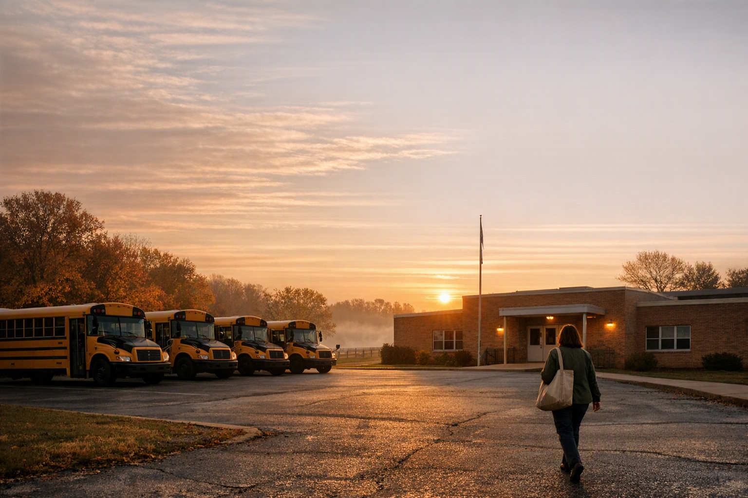 A teacher walks toward a quiet school entrance at sunrise while several yellow buses are parked nearby.