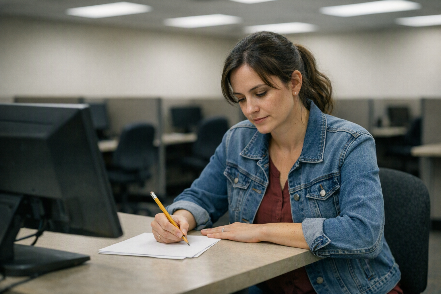 A teacher candidate sits alone at a testing center desk with a computer monitor, scratch paper, and pencil under fluorescent lights.