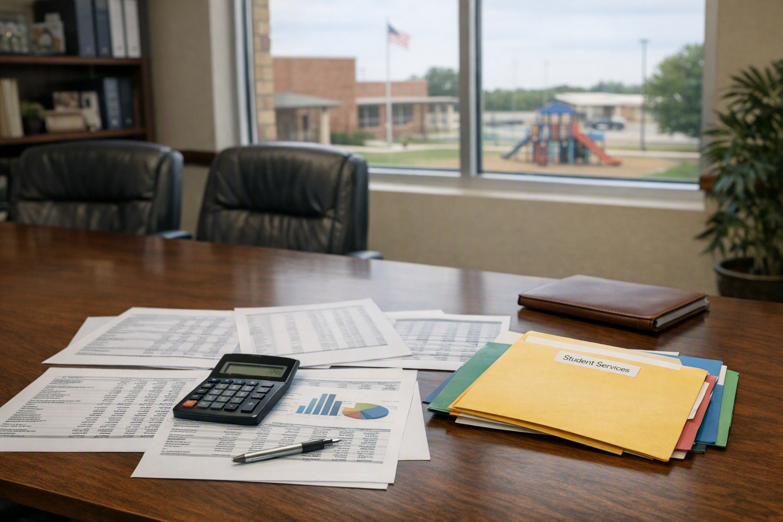 A school district office conference table with printed budget pages, folders, and a calculator near a window overlooking a campus.