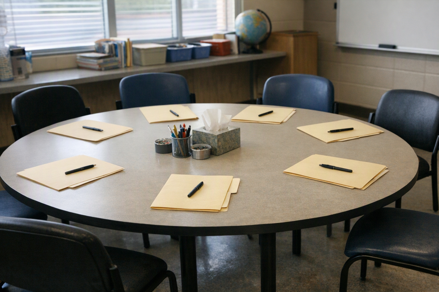 An empty school conference table with folders, pens, and chairs arranged for a meeting.