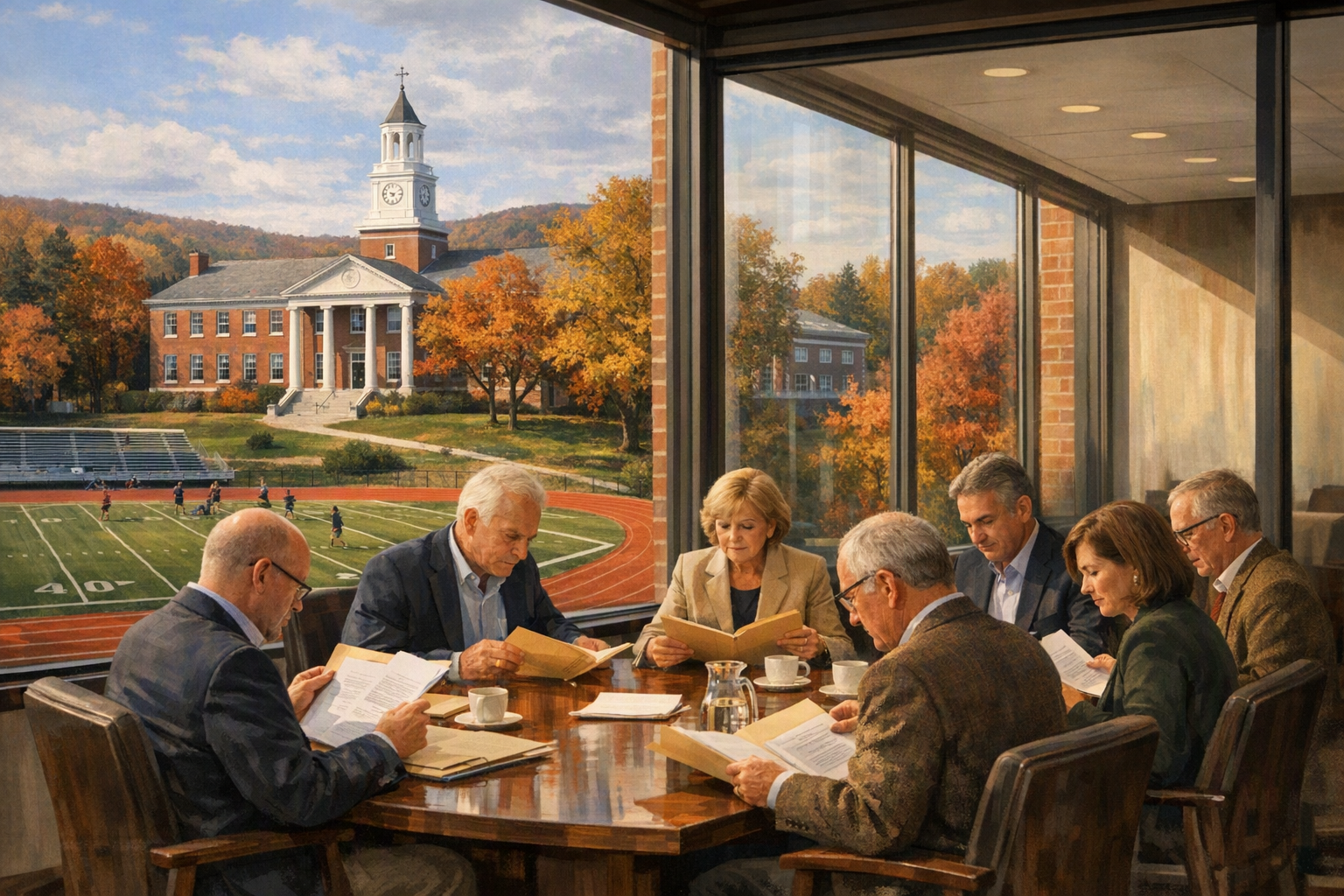 A brick private school campus with an athletic field in front and several administrators seated at a conference table reviewing folders through a large window.