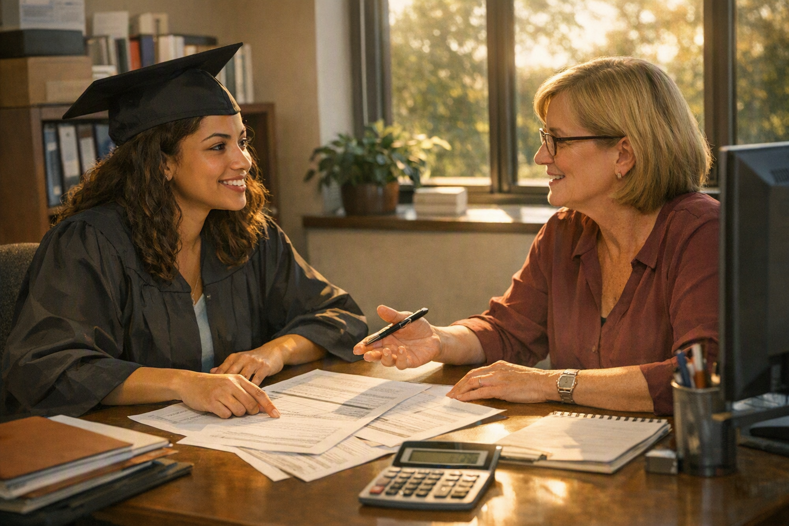 A graduate student and a financial aid adviser sit across from each other at a campus office desk with paperwork and a calculator.