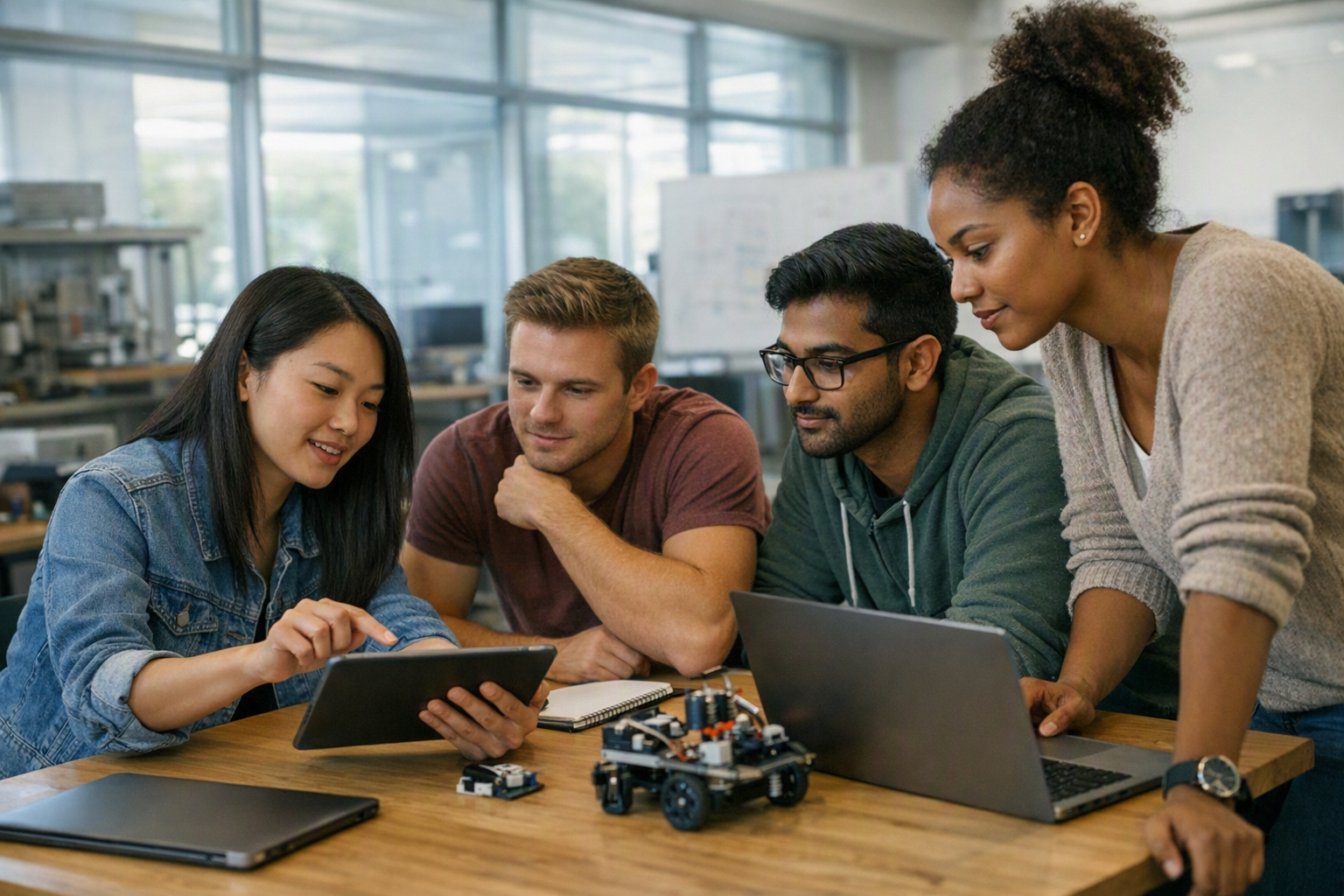 A group of university students gathered around a table with laptops in a campus innovation lab.