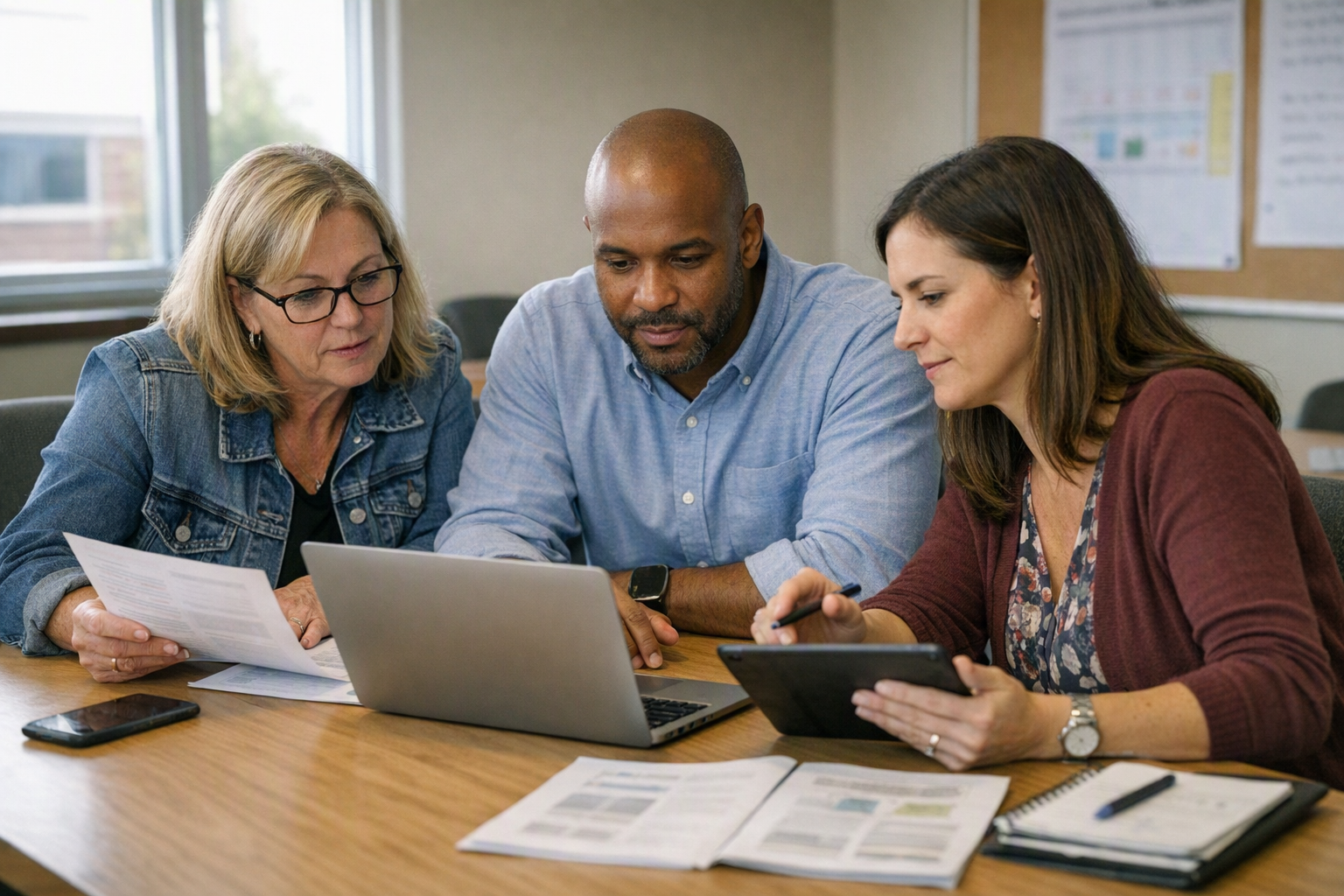 Three educators sit around a conference table in a school office with a laptop, a tablet, and papers as they discuss technology plans.