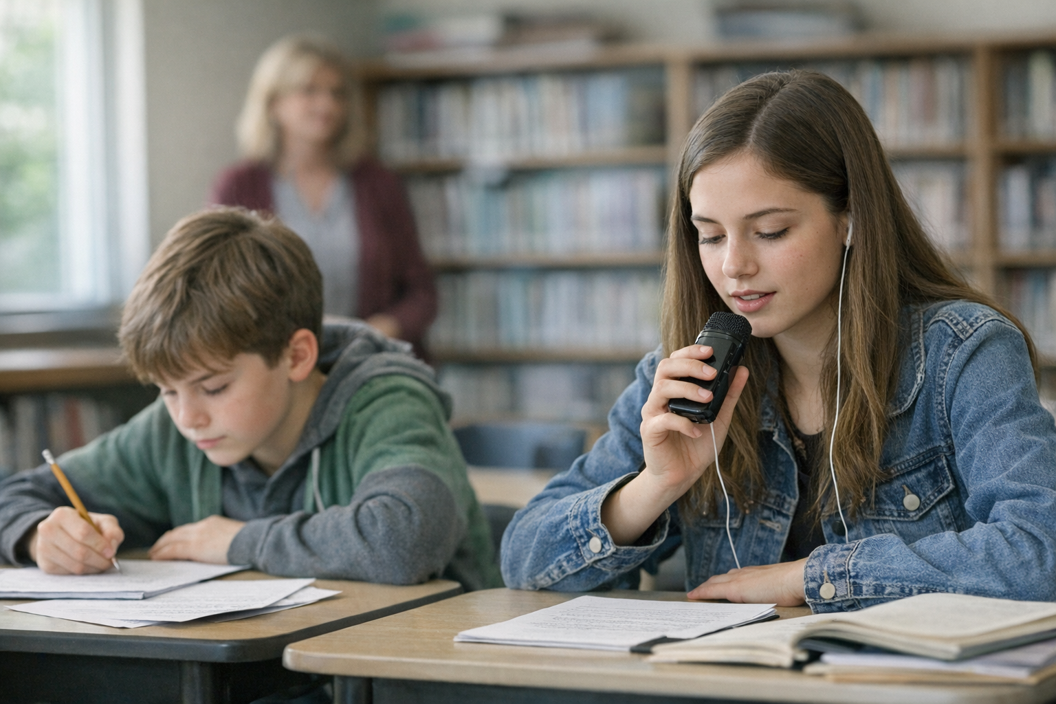 Two students in a school library, one writing an essay at a desk while another records a short speech, with a teacher blurred in the background.