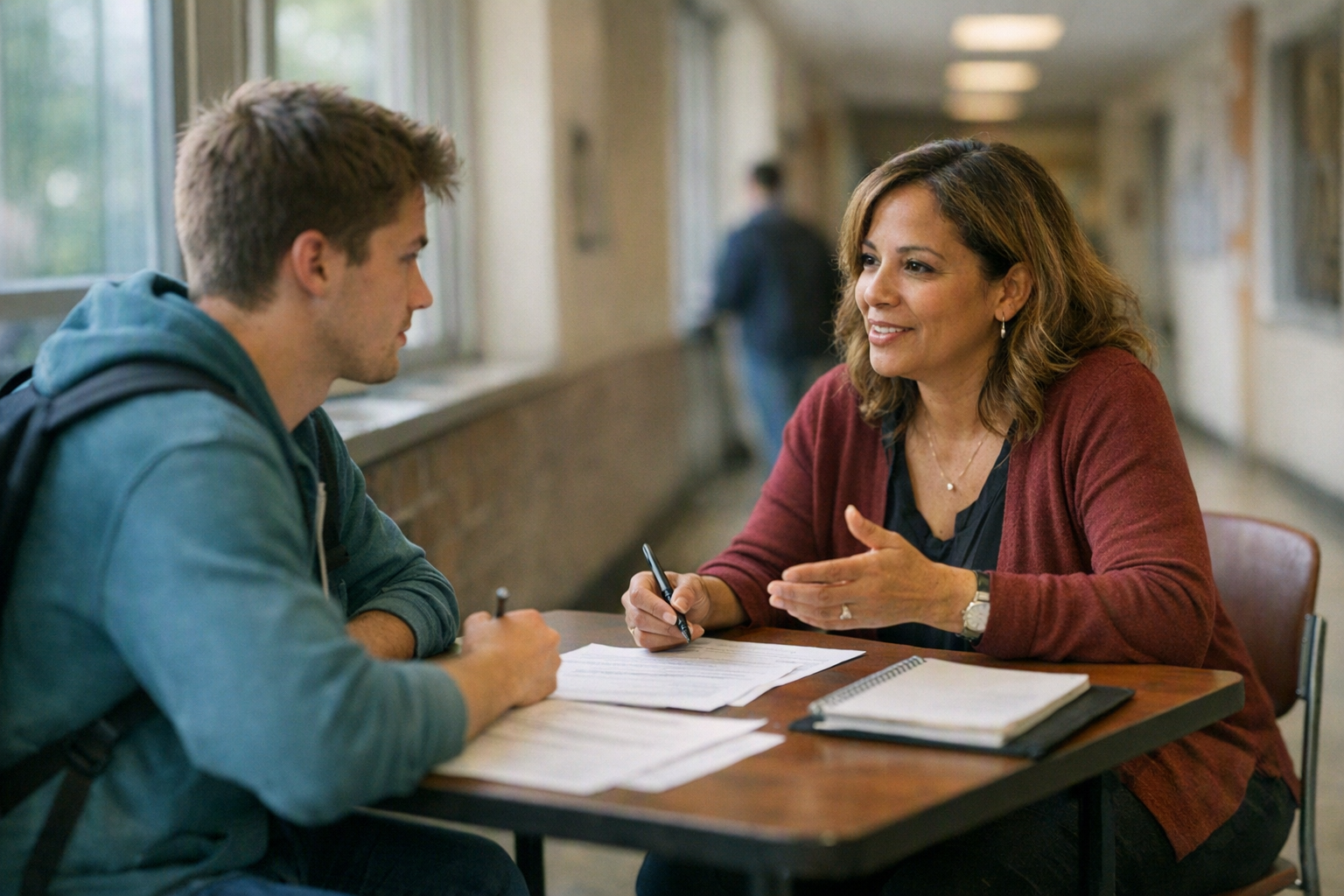 A student and an advisor sit at a desk on a community college campus with papers spread between them.