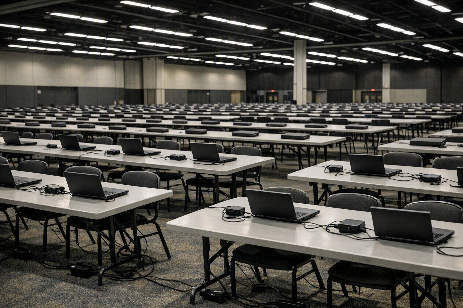 Rows of empty exam tables with closed laptops and chairs inside a convention center hall.