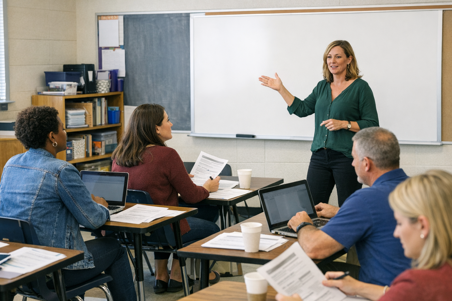 Teachers sit at tables with laptops and printed materials during a school professional development workshop while a facilitator stands near a whiteboard.