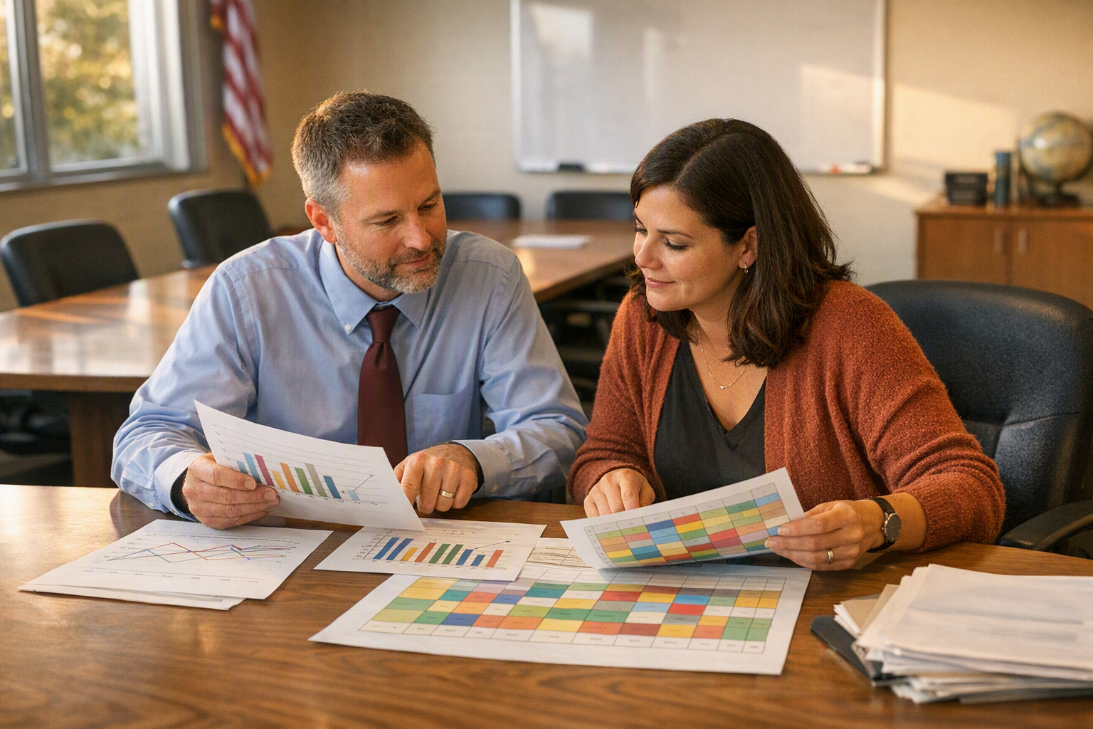 A principal and tutoring coordinator review student progress charts and intervention schedules at a conference table in a district office.