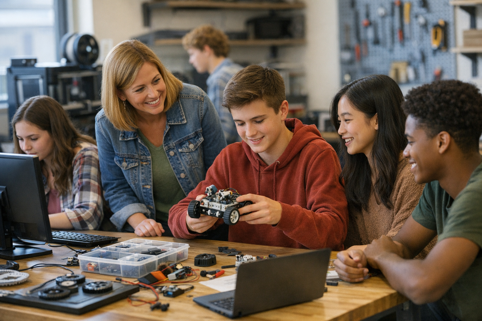 A teacher and several students work around a table with robotics components and computers in a bright school lab, with a 3D printer behind them.