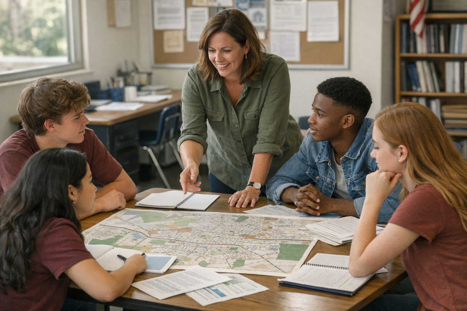 A teacher stands beside a table as several high school students discuss a city map and printed documents in a classroom.