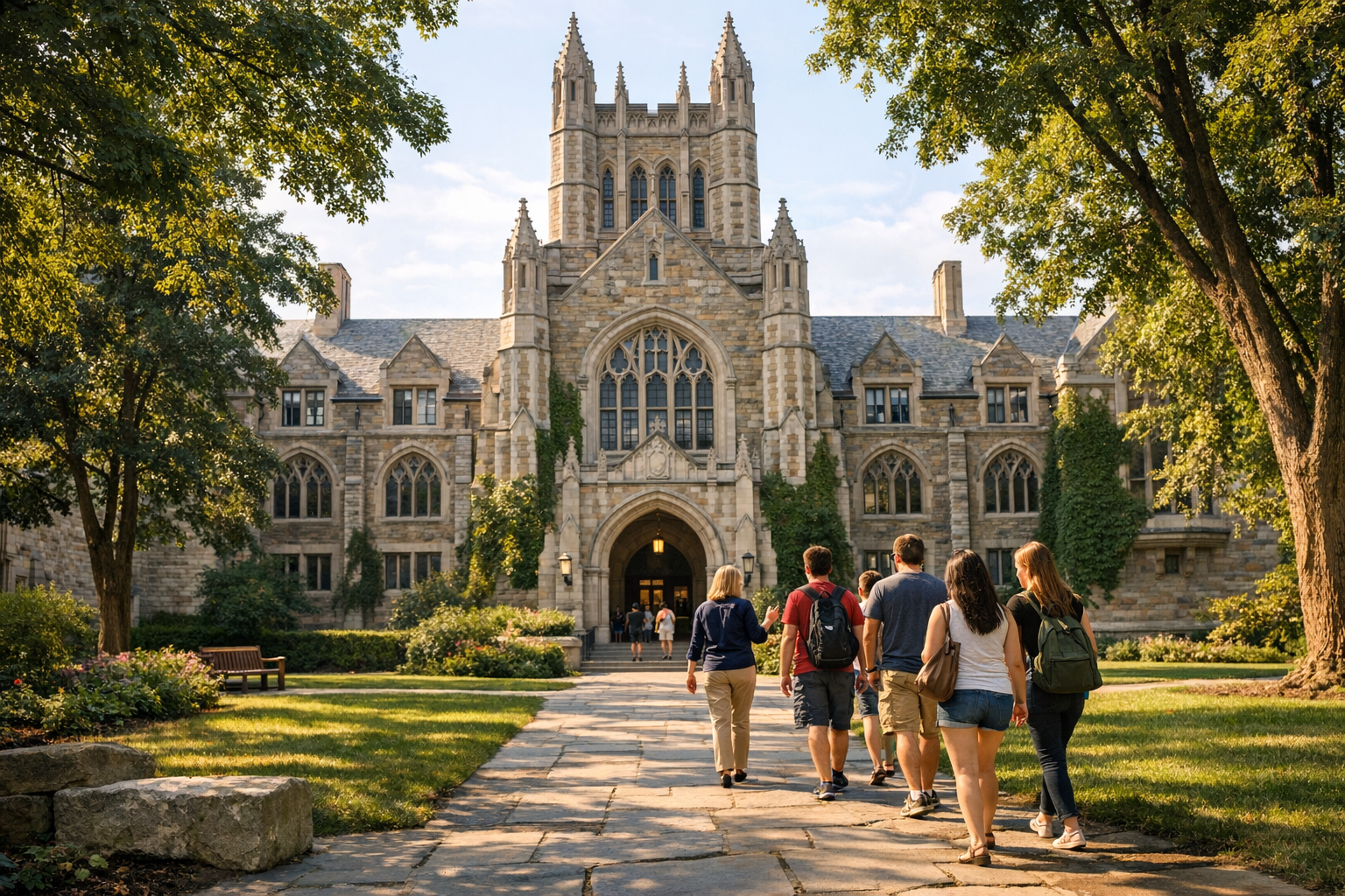 A stone university administration building framed by trees, with several people walking across a courtyard toward the entrance.