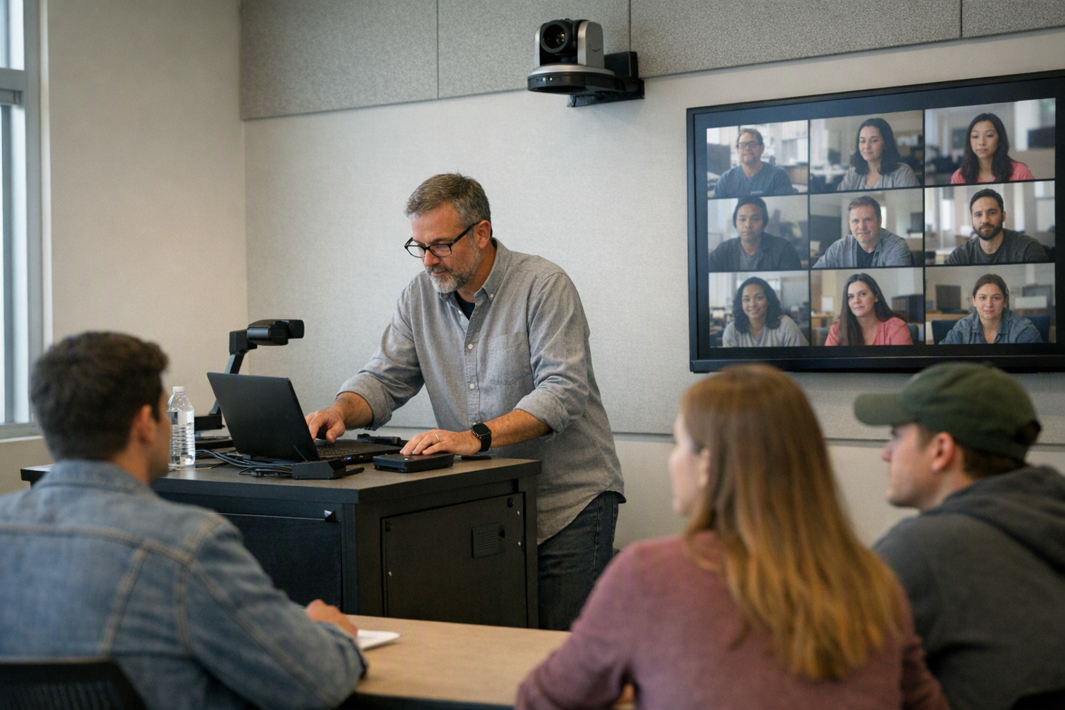 A college instructor stands at a classroom lectern with a laptop while a wall display, camera setup, and seated students suggest a hybrid class.